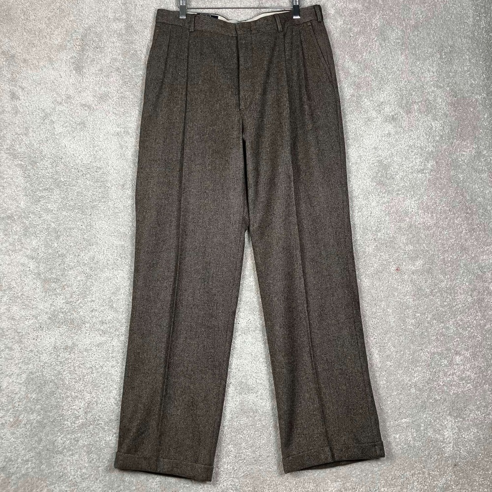 VTG Polo Ralph Lauren Wool Trousers Mens Brown Herringbone Pleated Cuffed 32x31